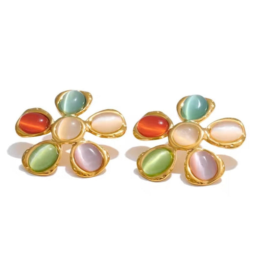 Exquisite Colorful Natural Cat Eye Stone Flower Ring